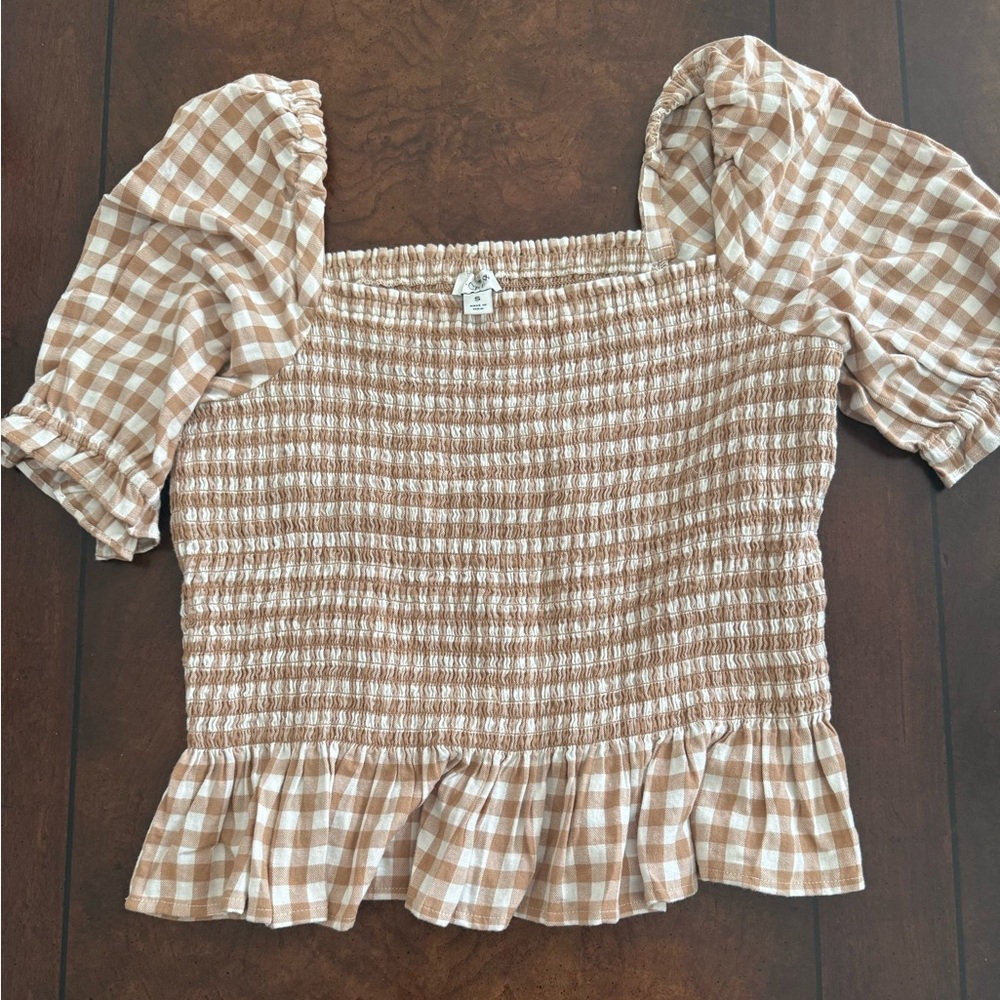 Smocked Gingham Puff-Sleeve Top - Beige/White